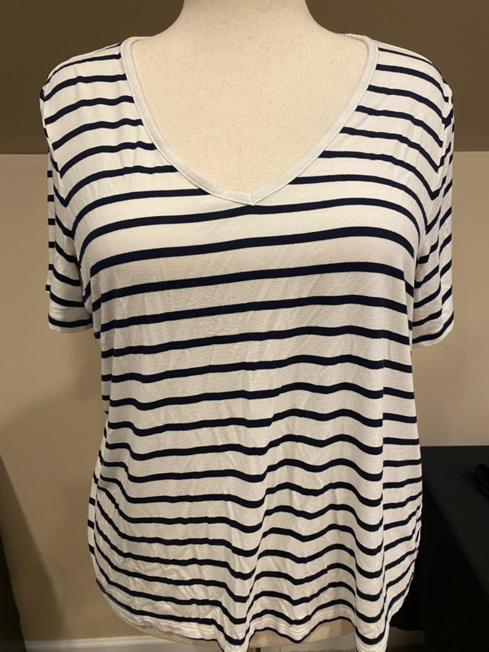 Old Navy White V-Neck Short Sleeve Tee with Navy Stripes